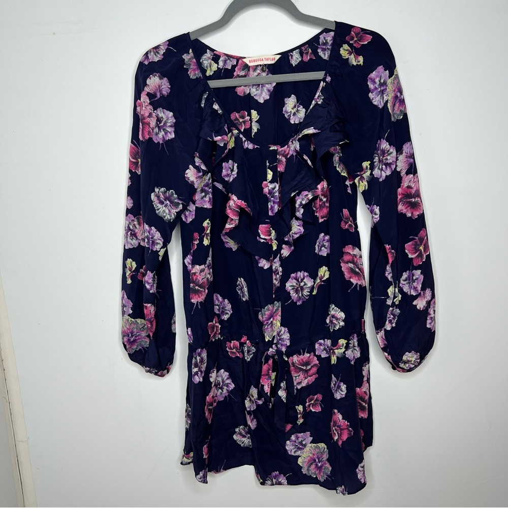 Rebecca Taylor Silk Floral Tunic Minidress Navy Dropwaist Long Sleeve Size 2 XS